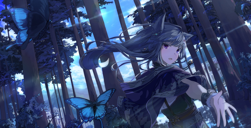 1girl absurdres animal_ears arm_up bangs blue_hair bug butterfly day earrings eyebrows_visible_through_hair floating_clothes floating_hair forest hair_ornament highres insect jewelry lens_flare long_hair looking_at_viewer looking_back mikisai nature necklace open_mouth original solo tree violet_eyes wrist_cuffs