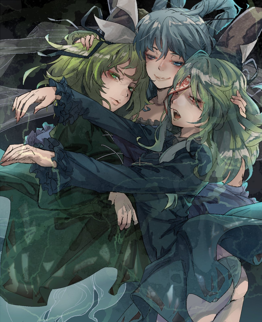 3girls ass bangs black_headwear black_ribbon blue_eyes blue_hair closed_mouth commentary_request cowboy_shot dress eichi_2 fingernails frilled_dress frilled_sleeves frills ghost_tail green_dress green_eyes green_hair group_hug hair_between_eyes hair_ornament hair_rings hair_stick half-closed_eyes hand_on_another's_head hands_up hat hat_ribbon highres hug juliet_sleeves kaku_seiga long_fingernails long_sleeves looking_at_viewer medium_hair miyako_yoshika multiple_girls ofuda open_mouth orange_eyes outstretched_arms panties puffy_sleeves ribbon sharp_fingernails shawl short_hair sidelocks smile soga_no_tojiko tate_eboshi teeth touhou underwear upskirt zombie