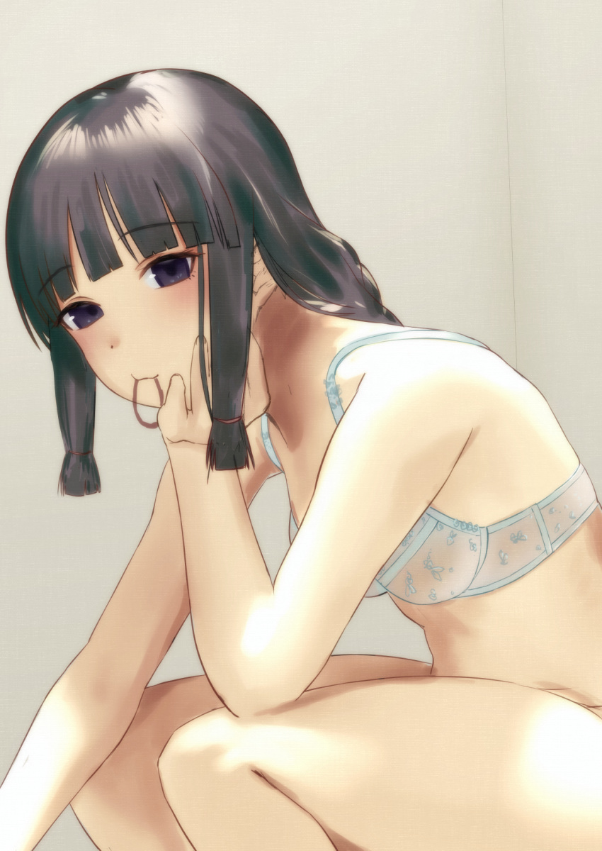 1girl bangs black_hair blunt_bangs bra braid commentary_request cowboy_shot hand_on_own_face highres kantai_collection kitakami_(kantai_collection) long_hair looking_at_viewer mouth_hold rubber_band sakieko sidelocks sitting solo underwear underwear_only white_bra