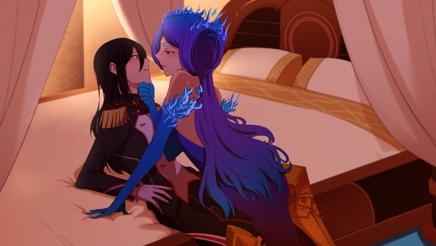 ajie_(changemyself) bed blue_gloves brighid_(xenoblade) dress elbow_gloves fiery_hair gloves hand_on_another's_chin highres indoors long_hair military military_uniform morag_ladair_(xenoblade) no_hat no_headwear purple_dress purple_hair uniform unusually_open_eyes very_long_hair violet_eyes white_gloves xenoblade_chronicles_(series) xenoblade_chronicles_2 yuri