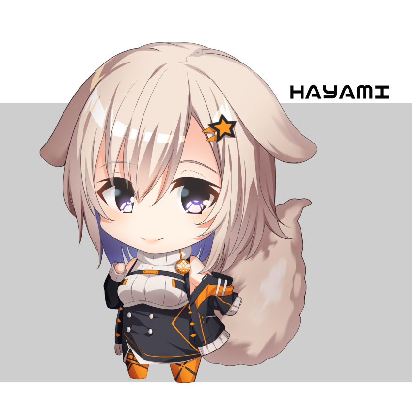 1girl absurdres animal_ears bangs bare_shoulders big_head black_jacket black_skirt blush breasts brown_hair chibi closed_mouth commentary_request commission eyebrows_visible_through_hair fox_ears fox_girl fox_tail full_body grey_background hair_between_eyes hair_ornament hairclip high-waist_skirt highres jacket long_sleeves off_shoulder open_clothes open_jacket orange_legwear original pantyhose pixiv_request ribbed_sweater skirt sleeveless_sweater sleeves_past_wrists small_breasts smile solo standing star_(symbol) star_hair_ornament sweater tail turtleneck turtleneck_sweater two-tone_background violet_eyes white_background white_sweater yuuji_(yukimimi)