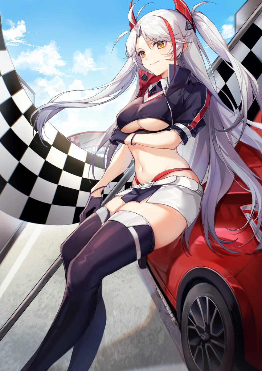 1girl absurdres azur_lane bangs black_gloves black_jacket black_legwear blue_sky breasts checkered checkered_flag clouds day feet_out_of_frame flag gloves groin ground_vehicle high_collar highres jacket long_hair looking_at_viewer medium_breasts microskirt midriff multicolored_hair navel outdoors prinz_eugen_(azur_lane) racequeen redhead short_sleeves silver_hair skirt sky smile solo stomach streaked_hair thigh-highs thighs two_side_up under_boob very_long_hair yellow_eyes yunweishukuang