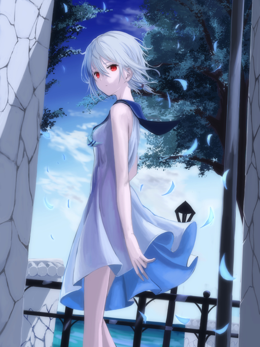 1girl absurdres bangs breasts day dress floating_clothes highres looking_at_viewer looking_back mikisai open_mouth original outdoors red_eyes sailor_collar short_hair sidelocks small_breasts solo water white_dress white_hair