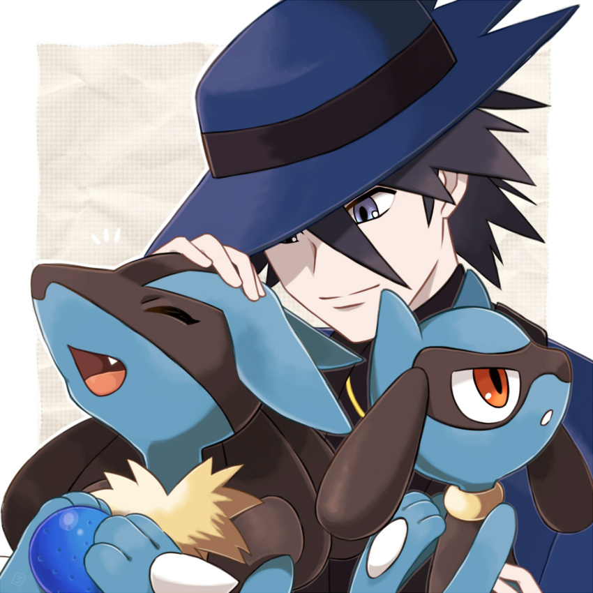3boys ^_^ animal_ears bangs beige_background berry_(pokemon) black_fur black_hair blue_eyes blue_fur blue_headwear blue_jacket body_fur border child closed_eyes closed_mouth commentary_request fang food furry gen_4_pokemon hair_between_eyes hand_on_another's_head hand_up hands_up happy hat highres holding holding_food jacket looking_at_another looking_down lucario male_focus multiple_boys notice_lines open_mouth oran_berry outline parted_lips petting pokemon pokemon_(anime) pokemon_(creature) pokemon_m08 pokemon_rse_(anime) red_eyes riolu rorosuke short_hair simple_background sir_aaron smile snout spikes spiky_hair upper_body white_border white_outline wolf_boy wolf_ears yellow_fur