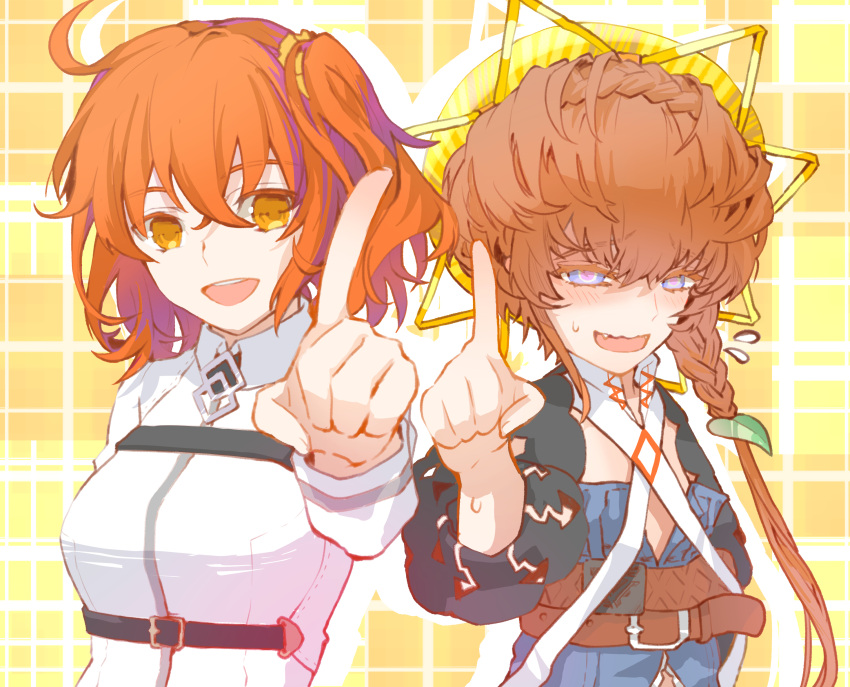 2girls ahoge bangs belt blue_dress blue_eyes blush braid breasts chaldea_uniform dress fate/grand_order fate_(series) fujimaru_ritsuka_(female) hat highres hiver_toko long_hair long_sleeves looking_at_viewer multiple_girls one_side_up open_mouth orange_eyes orange_hair pointing pointing_at_viewer shirt side_braid smile straw_hat van_gogh_(fate) wavy_mouth white_shirt yellow_headwear