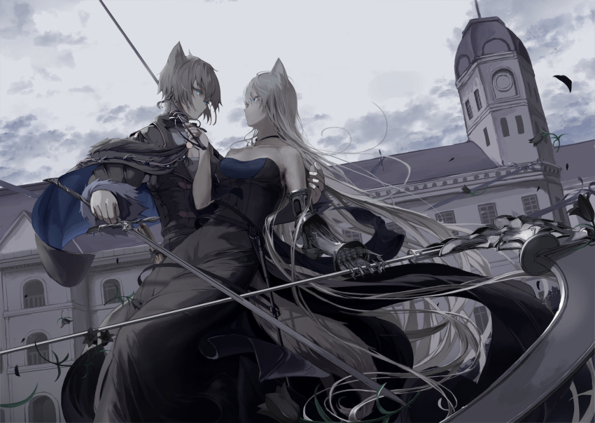 1boy 1girl animal_ears bangs blonde_hair breasts closed_mouth clouds cloudy_sky dress floating_clothes floating_hair flower grey_hair highres holding holding_sword holding_weapon house long_hair looking_at_another mechanical_arm medium_breasts medium_hair mikisai original profile prosthesis scythe sidelocks sky sword tail weapon