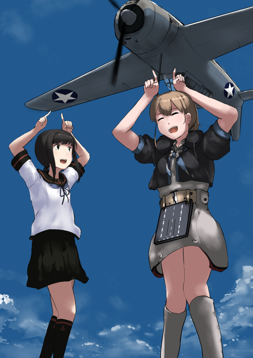 2girls aircraft aircraft_request airplane black_eyes black_hair black_sailor_collar black_shirt black_skirt blue_sky boots brown_hair clouds commentary_request day feet_out_of_frame fubuki_(kantai_collection) grey_skirt highres hitokoe index_fingers_raised intrepid_(kantai_collection) kantai_collection long_hair low_ponytail multicolored_neckwear multiple_girls neck_pillow neckerchief outdoors parody pleated_skirt ponytail remodel_(kantai_collection) sailor_collar shibafu_(glock23)_(style) shirt short_hair short_ponytail sidelocks skirt sky standing style_parody