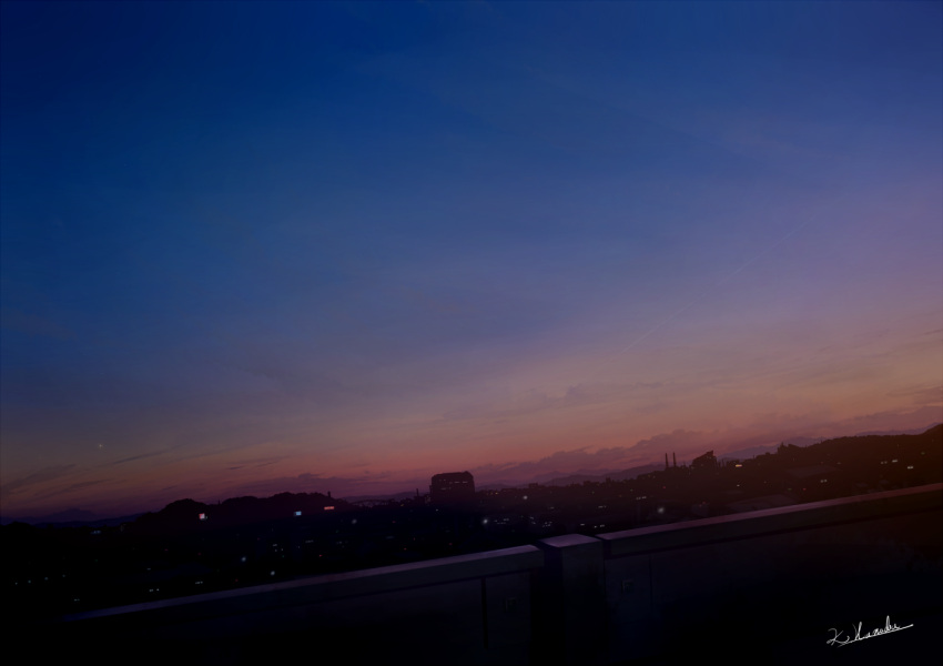 alu.m_(alpcmas) city city_lights clouds commentary dark dusk dutch_angle original railing scenery signature sky sunset