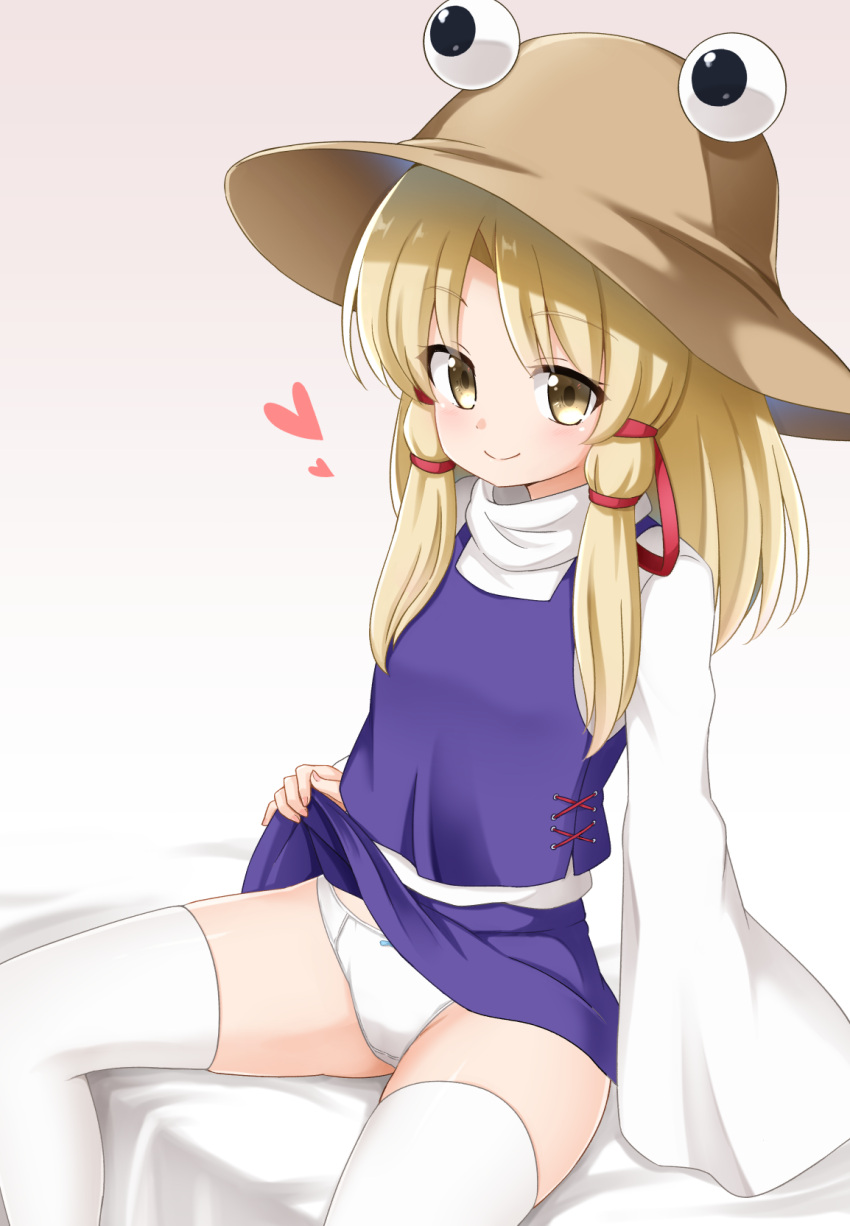 1girl bangs blonde_hair blush breasts brown_headwear closed_mouth commentary_request cross-laced_clothes eyebrows_visible_through_hair feet_out_of_frame gradient gradient_background grey_background hair_ribbon hat heart highres long_hair long_sleeves looking_at_viewer moriya_suwako parted_bangs purple_skirt purple_vest pyonta red_ribbon ribbon sidelocks simple_background skirt sleeves_past_fingers sleeves_past_wrists small_breasts smile solo suwa_yasai thigh-highs touhou vest white_legwear wide_sleeves yellow_eyes