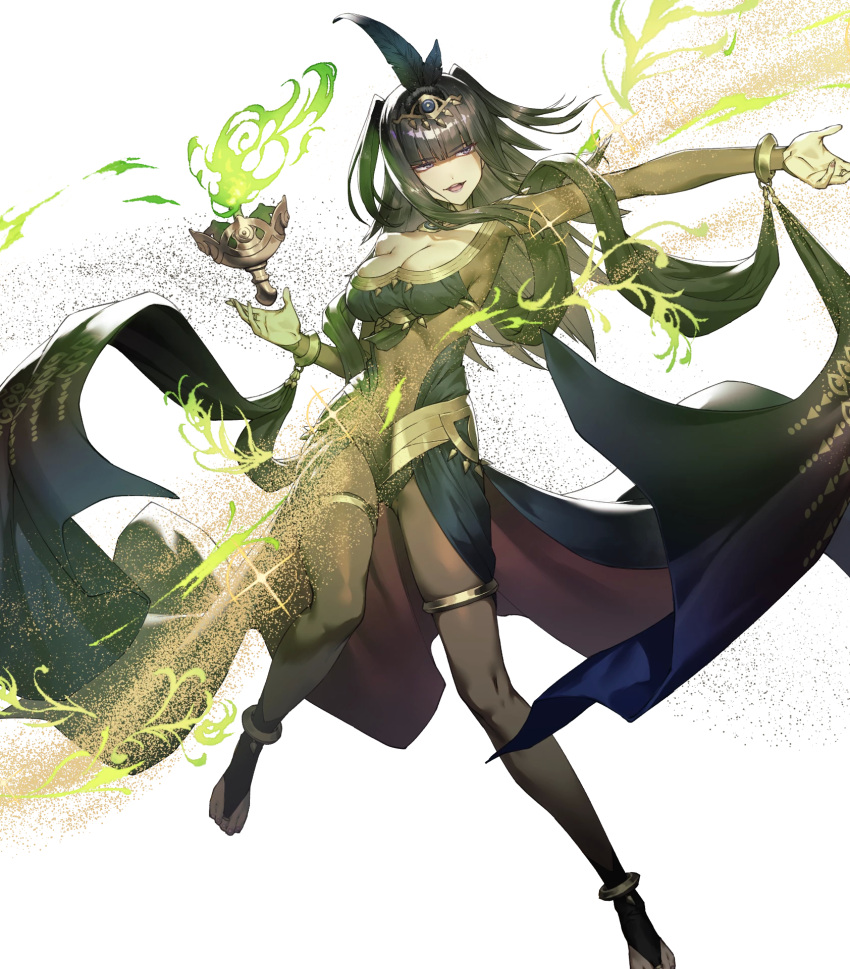 1girl bangs black_hair breasts bridal_gauntlets cozy fire_emblem fire_emblem_awakening fire_emblem_heroes full_body highres jewelry loincloth long_hair medium_breasts official_art skin_tight solo tharja_(fire_emblem) tiara transparent_background