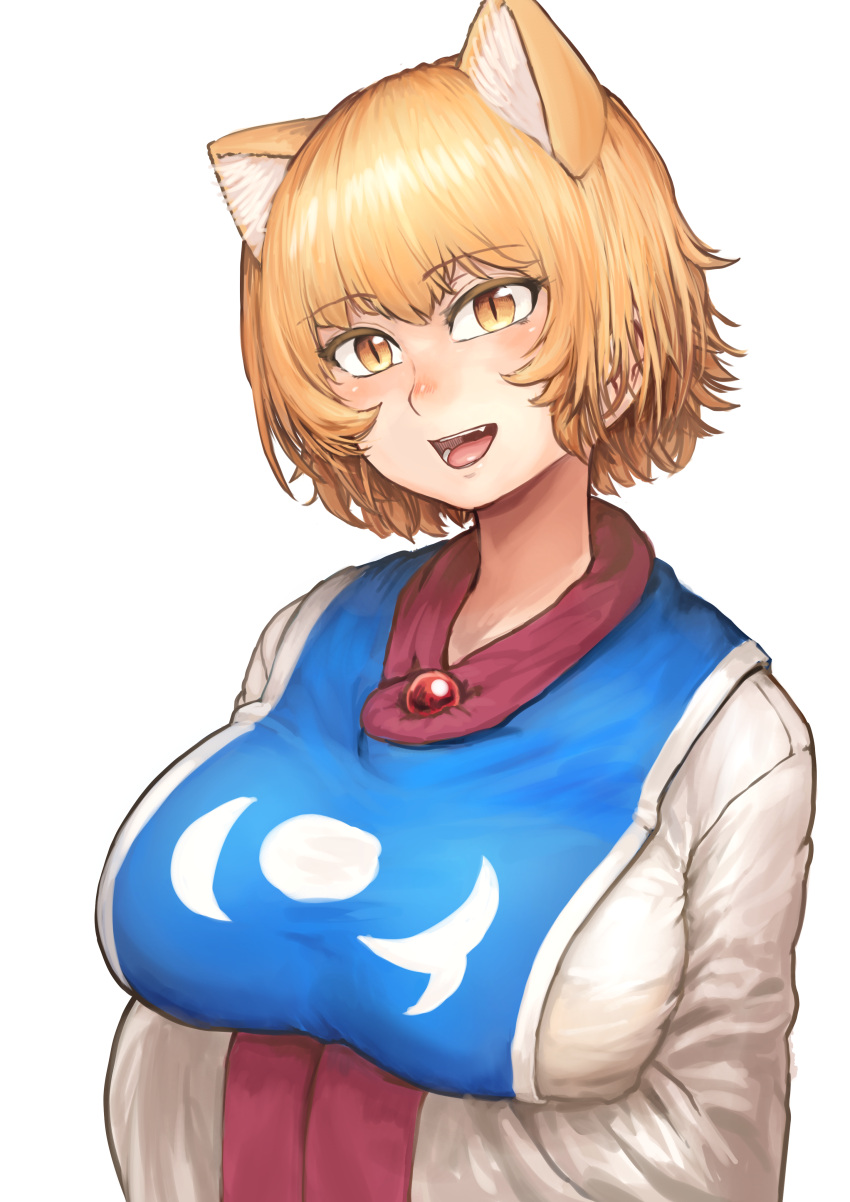1girl :d absurdres animal_ears blonde_hair breast_rest breasts chanta_(ayatakaoisii) fox_ears hands_in_opposite_sleeves head_tilt highres large_breasts long_sleeves looking_at_viewer medium_hair open_mouth shirt simple_background slit_pupils smile solo tabard touhou upper_body white_background white_shirt yakumo_ran yellow_eyes