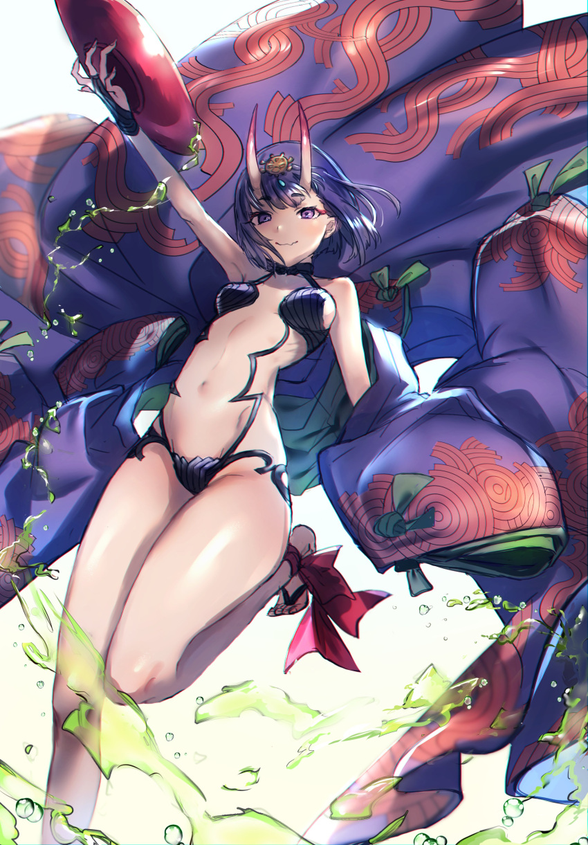 1girl absurdres akebono_kt alcohol arm_up bangs bare_shoulders barefoot barefoot_sandals blush bob_cut breasts bridal_gauntlets closed_mouth collarbone eyeliner fate/grand_order fate_(series) feet headpiece highres horns japanese_clothes kimono long_sleeves looking_at_viewer makeup navel oni oni_horns open_clothes open_kimono purple_hair purple_kimono revealing_clothes sake short_eyebrows short_hair shuten_douji_(fate/grand_order) simple_background small_breasts smile solo thighs violet_eyes white_background wide_sleeves