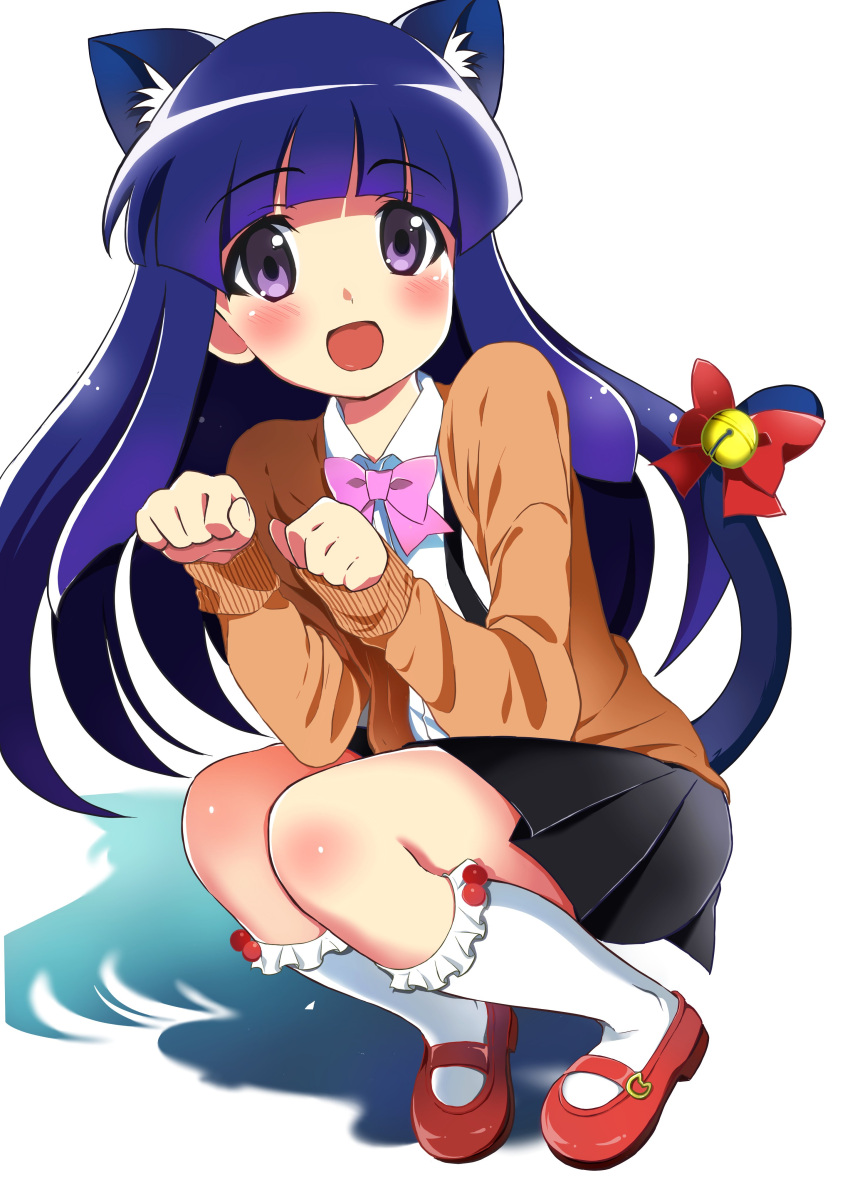 1girl :d absurdres animal_ears bangs bell blue_hair blush bow cat_ears cat_tail eyebrows_visible_through_hair frills full_body furude_rika highres higurashi_no_naku_koro_ni jingle_bell knee_blush kneehighs long_hair long_sleeves looking_at_viewer mary_janes msmrdaaaaa open_mouth paw_pose pink_bow shoes simple_background skirt smile solo squatting suspender_skirt suspenders sweater tail white_background