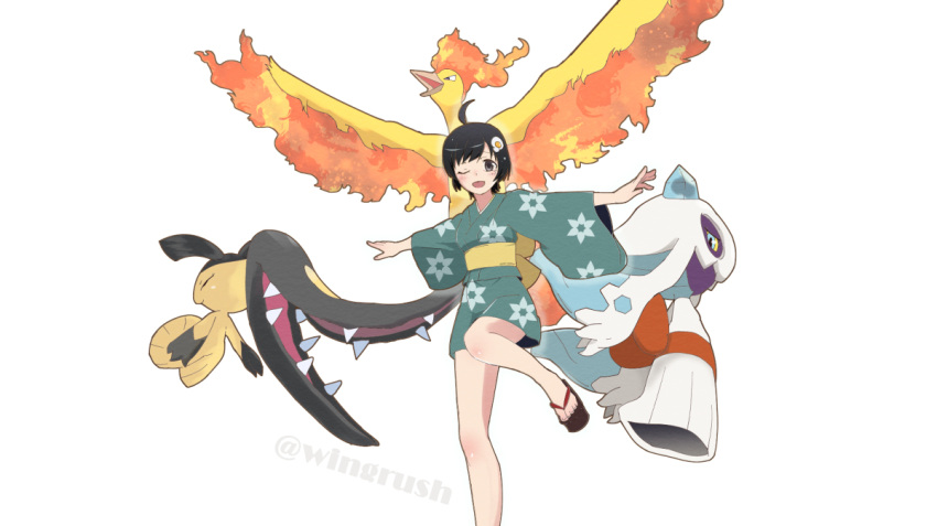 1girl araragi_tsukihi crossover egg_hair_ornament food_themed_hair_ornament fooring froslass gen_1_pokemon gen_3_pokemon gen_4_pokemon green_kimono hair_ornament japanese_clothes kimono kimono_skirt legendary_pokemon mawile moltres monogatari_(series) nisemonogatari one_eye_closed pokemon sandals sash twitter_username white_background yellow_sash