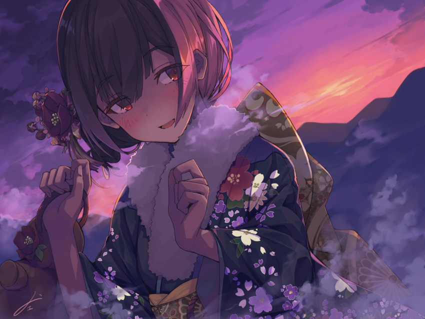 black_hair blush clouds dark dutch_angle floral_print flower furisode hair_flower hair_ornament hand_up hill idolmaster idolmaster_shiny_colors japanese_clothes kimono looking_to_the_side morino_rinze new_year obi open_mouth sash short_hair sky smile sorano_eika sunset upper_body