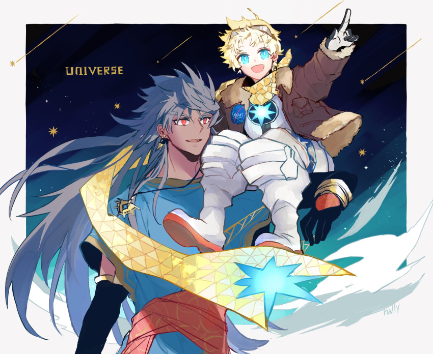 2boys black_gloves blonde_hair blue_eyes blue_hair bomber_jacket carrying earrings fate/grand_order fate_(series) gloves goggles goggles_on_head hally highres jacket jewelry long_hair multiple_boys pendant pointing red_eyes romulus_quirinus_(fate/grand_order) sash scarf shooting_star shoulder_carry spacesuit toga voyager_(fate/requiem)