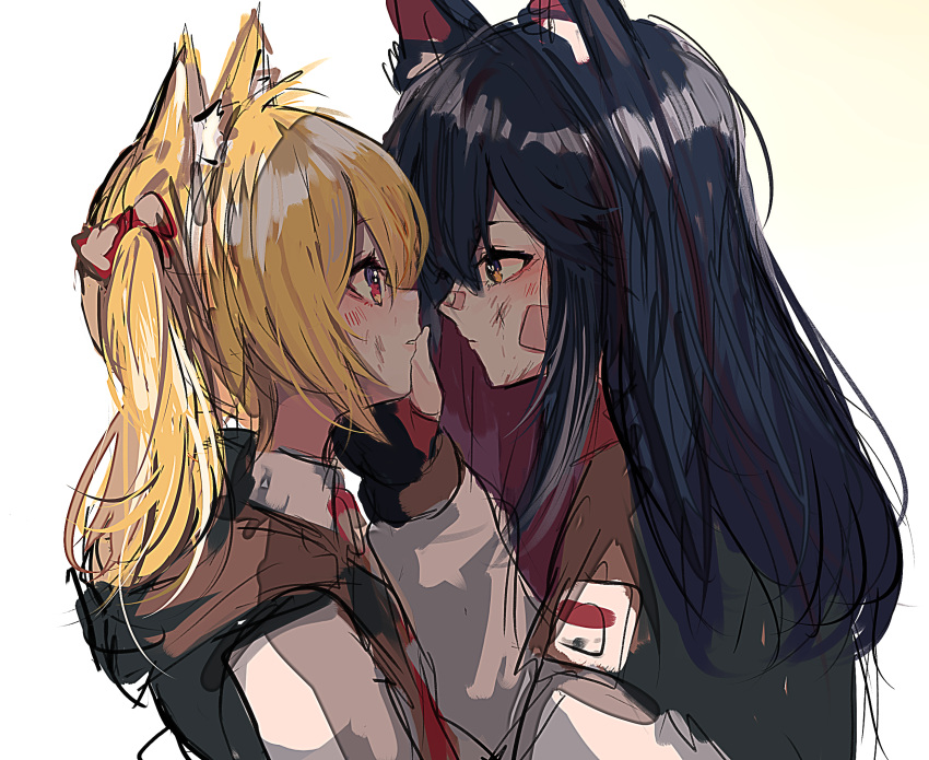 2girls animal_ear_fluff animal_ears arknights bandaid bandaid_on_face bandaid_on_nose black_capelet black_gloves black_hair blonde_hair brown_eyes capelet closed_mouth eye_contact fingerless_gloves from_side gloves gomiyama hand_on_another's_cheek hand_on_another's_face highres injury long_sleeves looking_at_another multicolored_hair multiple_girls parted_lips profile red_eyes redhead simple_background sketch sora_(arknights) texas_(arknights) twintails two-tone_hair upper_body white_background wolf_ears wolf_girl