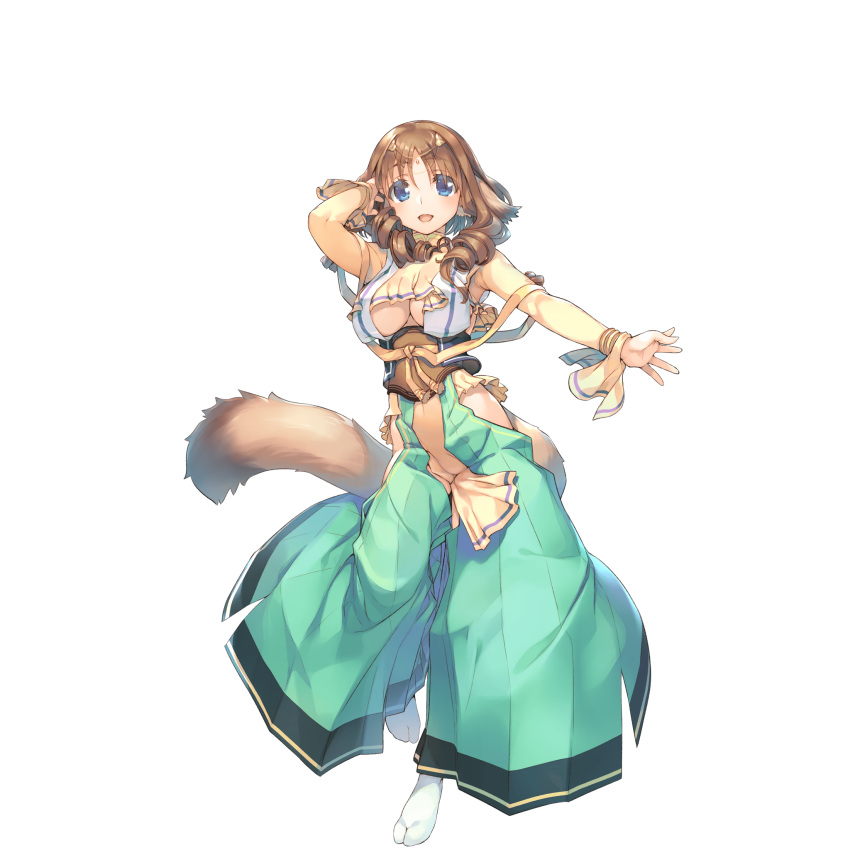 1girl amazuyu_tatsuki animal_ears arm_behind_head arm_up bangs bracelet breasts brown_hair eyebrows_visible_through_hair full_body fumirul green_hakama hakama highres japanese_clothes jewelry large_breasts long_hair looking_at_viewer official_art open_mouth solo tabi tail transparent_background under_boob utawareru_mono utawareru_mono:_lost_frag