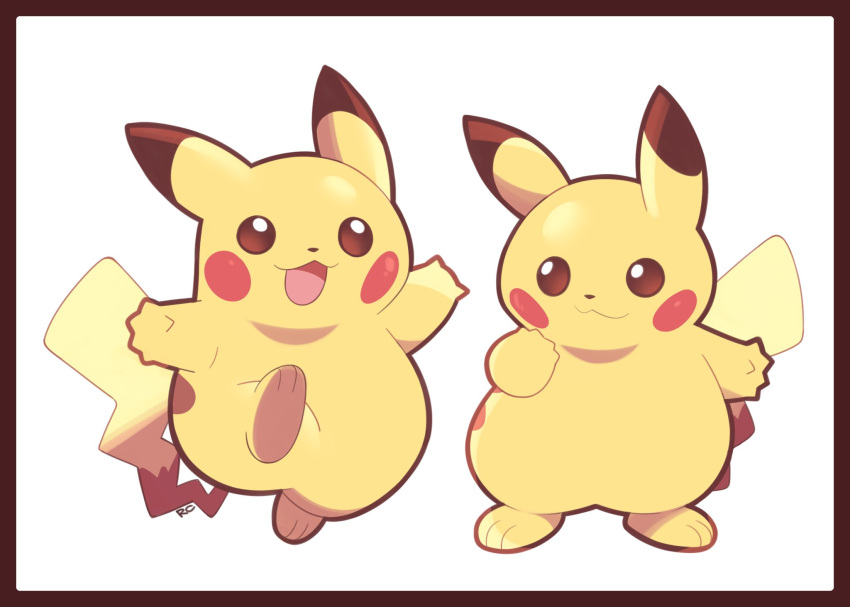 :3 :d artsy-rc border brown_border commentary english_commentary gen_1_pokemon highres looking_at_viewer no_humans open_mouth pikachu pokemon pokemon_(creature) simple_background smile standing standing_on_one_leg white_background