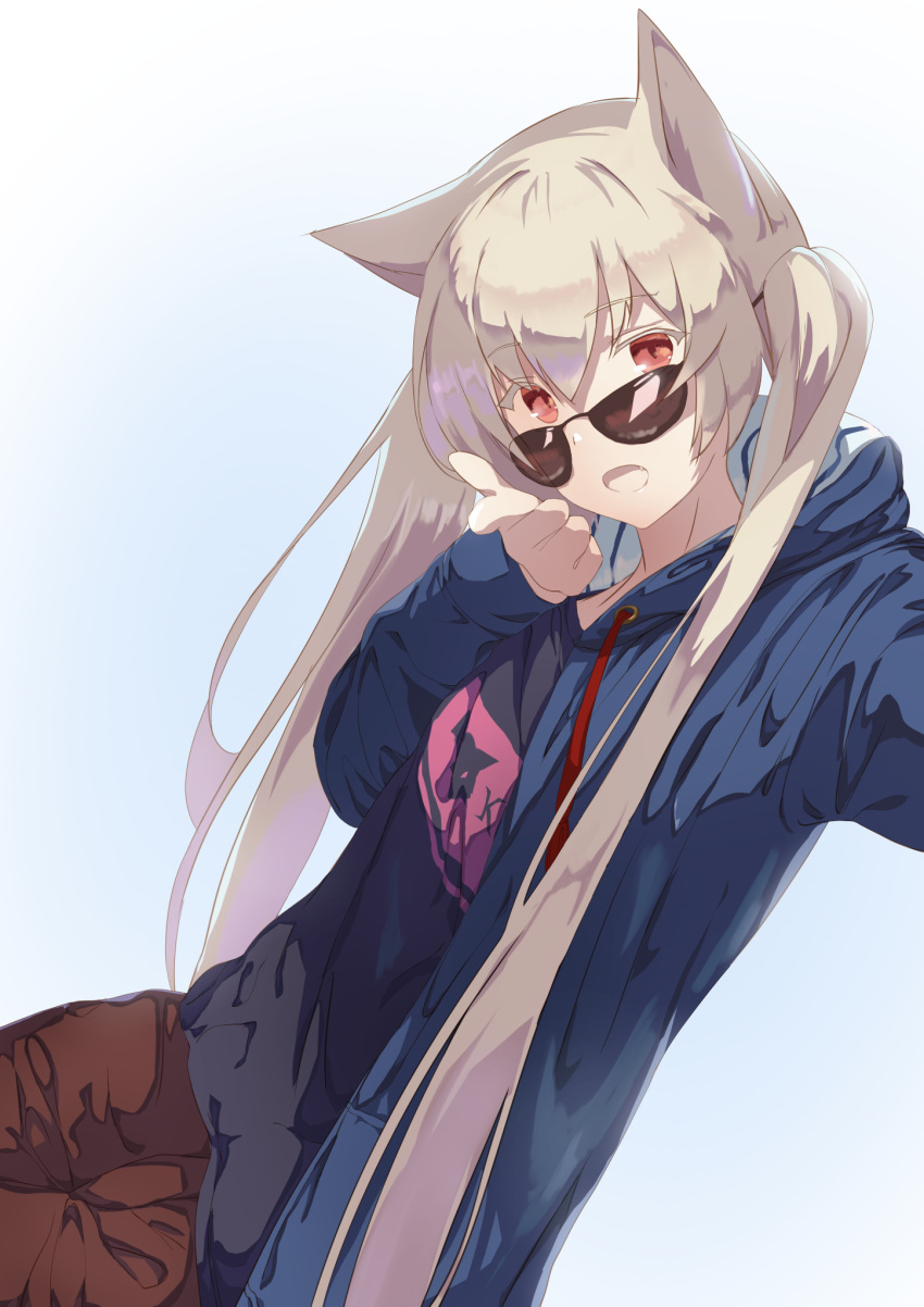 1girl animal_ears bangs blonde_hair eyebrows_visible_through_hair fang hair_between_eyes hair_ears hands_up highres looking_at_viewer mikisai open_mouth original pointing red_eyes sidelocks simple_background solo sunglasses twintails white_background