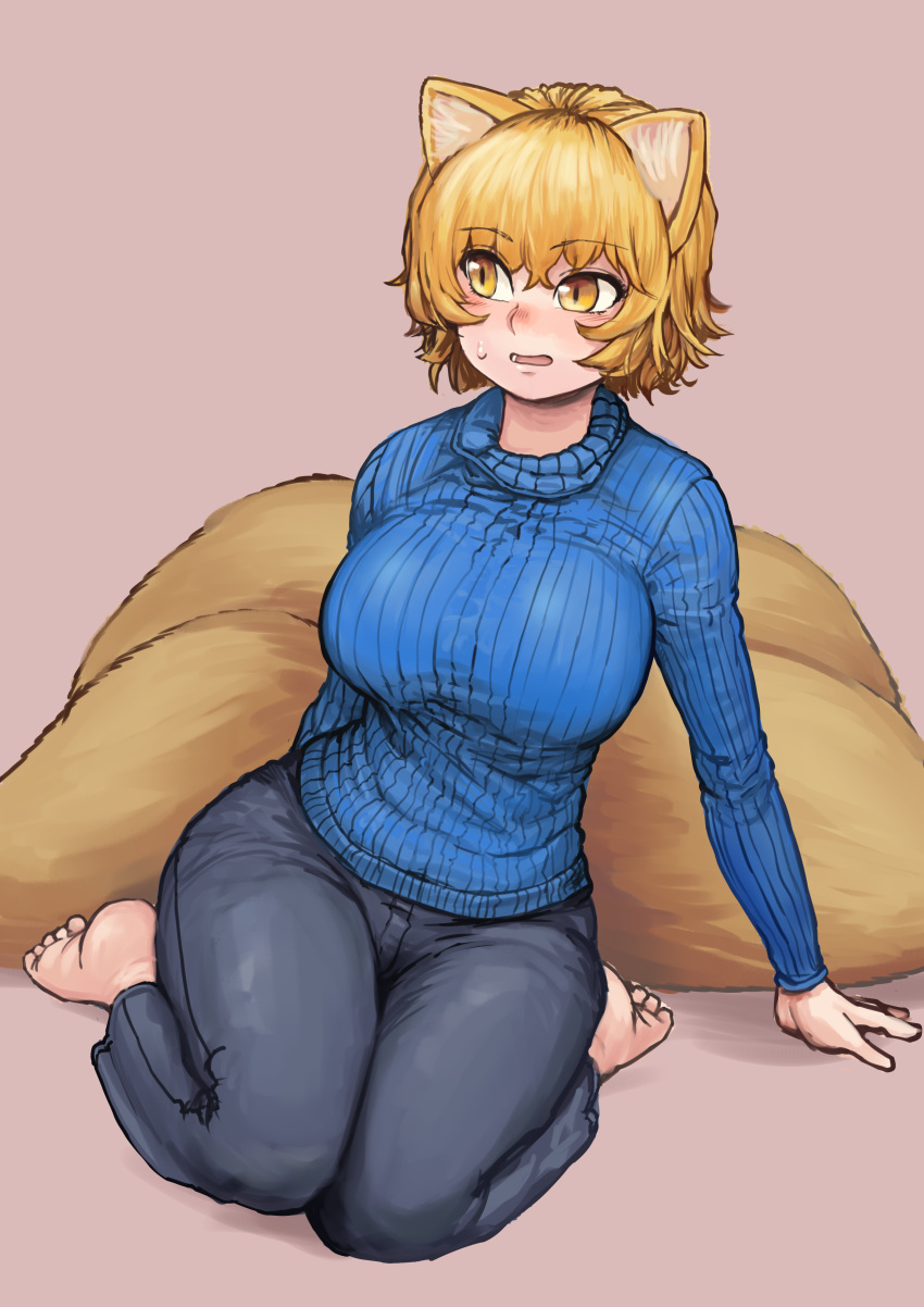 1girl absurdres animal_ears arm_support barefoot blonde_hair blue_sweater breasts chanta_(ayatakaoisii) denim fox_ears fox_tail grey_pants highres jeans large_breasts long_sleeves looking_to_the_side multiple_tails open_mouth pants pink_background ribbed_sweater short_hair simple_background sitting slit_pupils solo sweater tail touhou wariza yakumo_ran yellow_eyes