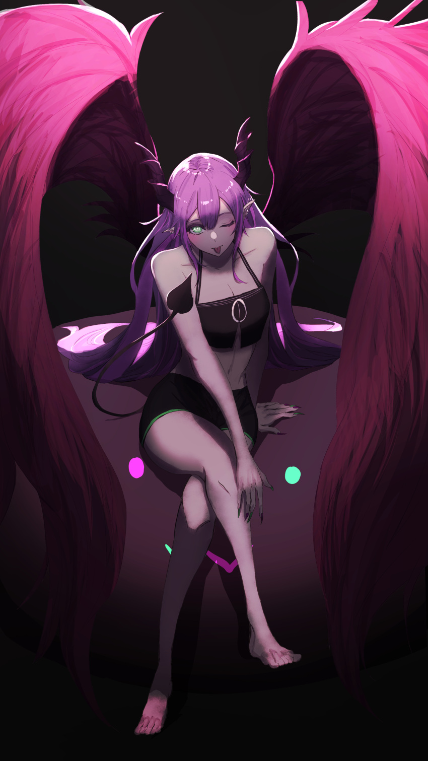 1girl absurdres alternate_hairstyle barefoot black_shorts collarbone crop_top crossed_legs demon_horns demon_tail green_eyes highres hololive horns long_hair looking_at_viewer looking_up midriff navel one_eye_closed purple_hair shica_deer short_shorts shorts sitting solo tail tokoyami_towa tongue tongue_out very_long_hair virtual_youtuber wings