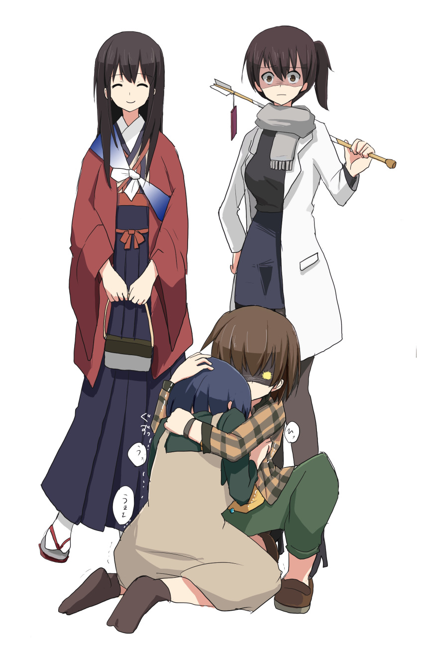 4girls absurdres akagi_(kantai_collection) arrow_(projectile) bag beige_dress black_hakama black_legwear black_skirt black_sweater blue_hair brown_eyes brown_hair coat commentary_request crying facing_viewer glowing glowing_eye green_pants green_sweater grey_scarf hakama haori highres hiryuu_(kantai_collection) hug japanese_clothes kaga_(kantai_collection) kantai_collection kitagawa_(ktgw_116) long_hair looking_at_viewer multiple_girls official_alternate_costume pants pantyhose scarf shaded_face side_ponytail simple_background skirt souryuu_(kantai_collection) sweater white_background white_coat