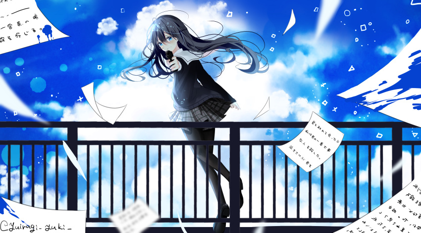 1girl absurdres black_hair blue_eyes blue_sky clouds crying crying_with_eyes_open gun highres holding holding_gun holding_weapon long_hair long_sleeves original paper papers plaid plaid_skirt pleated_skirt pointing_weapon railing rooftop sad_smile school_uniform skirt sky smile solo sweater tearing_up tears weapon yuiragi_yuki