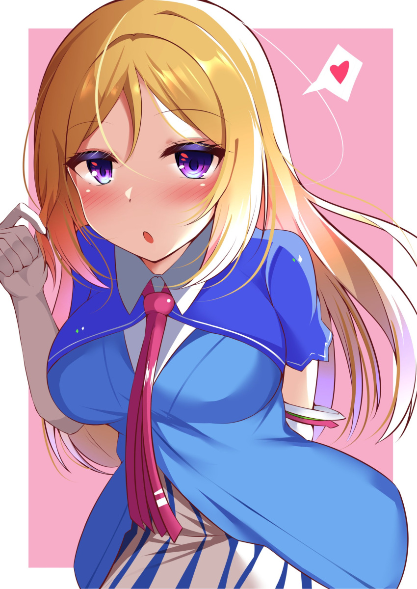 1girl :o absurdres aki_rosenthal alternate_hairstyle blonde_hair blush breasts elbow_gloves gloves hair_between_eyes heart highres hololive leaning_forward long_hair looking_at_viewer medium_breasts open_mouth purple_neckwear skirt solo speech_bubble spoken_heart striped striped_skirt violet_eyes virtual_youtuber white_gloves zatu