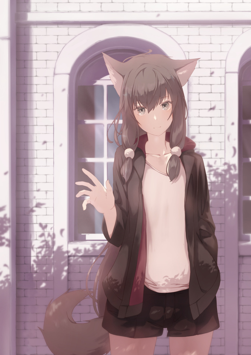 1girl animal_ears bangs closed_mouth eyebrows_visible_through_hair flat_chest grey_eyes grey_hair grey_tail hair_between_eyes hair_ornament hand_up highres long_hair looking_at_viewer mikisai original outdoors shadow short_shorts shorts sidelocks smile solo tail waving