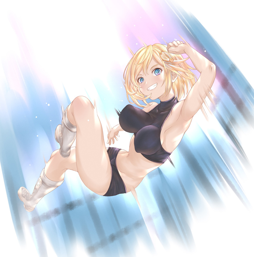 1girl absurdres armpits bare_arms bare_legs blonde_hair blue_eyes boots boyshort_panties elbow_drop grin highres hololive hololive_english honkivampy midriff navel short_hair smile solo sports_bra sportswear virtual_youtuber watson_amelia wrestling_ring