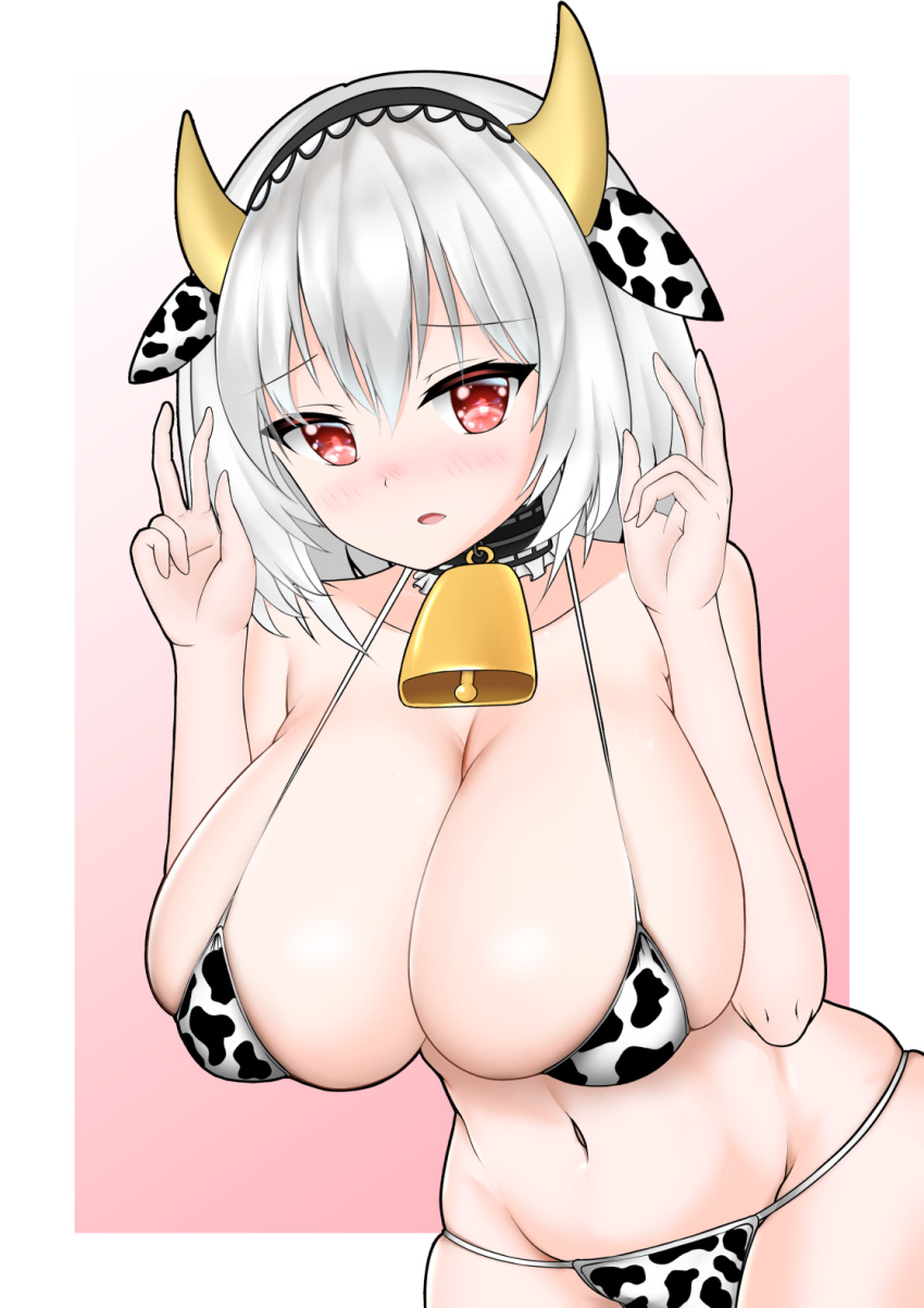 1girl animal_ears animal_print azur_lane bell bell_collar bikini breasts collar cow_ears cow_horns cow_print cowbell double_v eyebrows_visible_through_hair fake_animal_ears fake_horns frilled_collar frills hair_between_eyes highres horns large_breasts light_blush looking_at_viewer medium_hair mepurin_(scarlet59833) red_eyes simple_background sirius_(azur_lane) skindentation solo swimsuit v