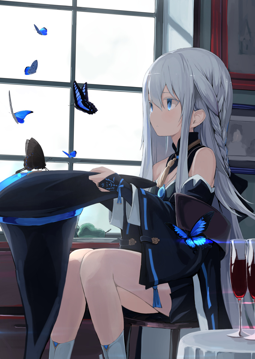 1girl absurdres alcohol bare_shoulders black_butterfly black_headwear blue_butterfly blue_eyes breasts bug butterfly cup day drinking_glass grey_hair hat highres holding holding_clothes holding_hat indoors insect jewelry kneehighs long_hair mikisai necklace open_mouth shiki_no_akari sidelocks sitting small_breasts solo tomoshibi_no_majo wine wine_glass