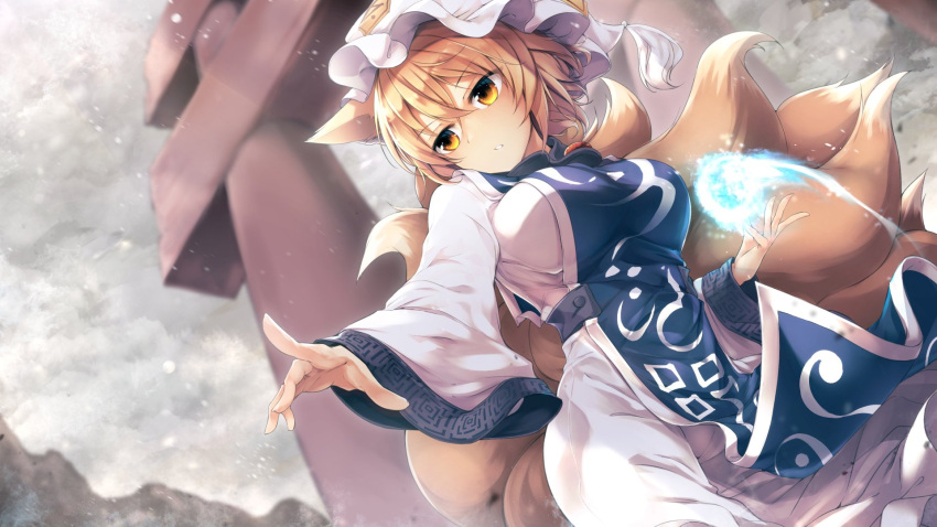 1girl animal_ears bangs blonde_hair breasts clouds cloudy_sky dress dutch_angle fox_ears fox_tail hair_between_eyes hat highres kitsune large_breasts long_sleeves midori_(misuriru8) mountain multiple_tails open_mouth outdoors pillow_hat sky snowing solo standing tabard tail torii touhou white_dress white_headwear wide_sleeves yakumo_ran yellow_eyes yellow_tail