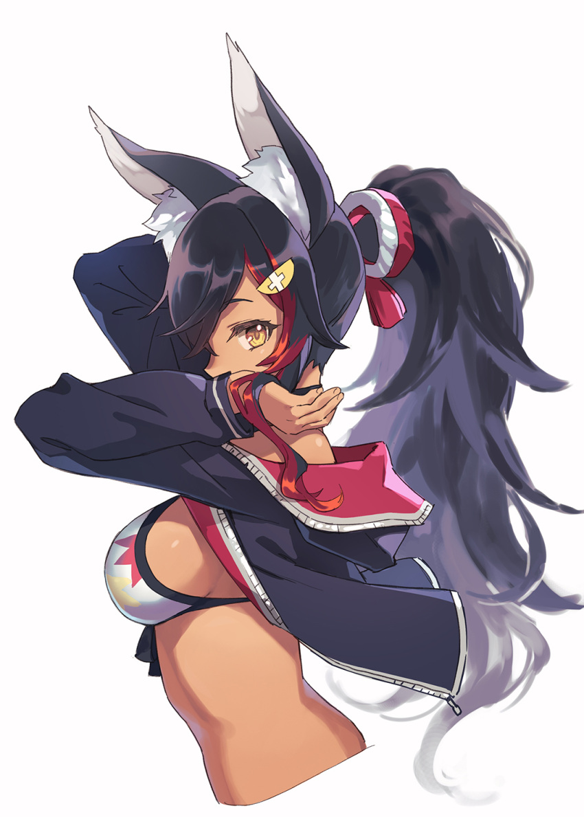 1girl animal_ear_fluff animal_ears arms_up bikini black_hair black_jacket breasts commentary_request cropped_torso dark_skin from_side highres hololive jacket long_hair long_sleeves looking_at_viewer looking_to_the_side medium_breasts multicolored_hair ookami_mio open_clothes open_jacket ponytail profile redhead sideboob sideways_glance solo streaked_hair swimsuit tugo two_side_up upper_body virtual_youtuber white_bikini wolf_ears wolf_girl