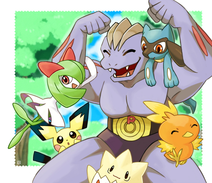 1boy 1girl ^_^ arms_up artist_name bangs belt bikini_briefs blue_sky blush_stickers border brown_eyes clenched_hands closed_eyes closed_mouth clouds collarbone colored_skin commentary_request day fangs flexing gen_1_pokemon gen_2_pokemon gen_3_pokemon gen_4_pokemon green_hair green_skin hair_over_one_eye hanging_on_arm happy highres jumping kirlia legs_apart long_hair looking_down machoke male_underwear multicolored multicolored_skin muscular muscular_male on_shoulder open_mouth outdoors outline outside_border pectorals pichu pokemon pokemon_(creature) pokemon_on_shoulder pose purple_skin red_eyes riolu rorosuke signature sky smile thick_thighs thighs togepi torchic tree two-tone_skin underwear white_border white_skin