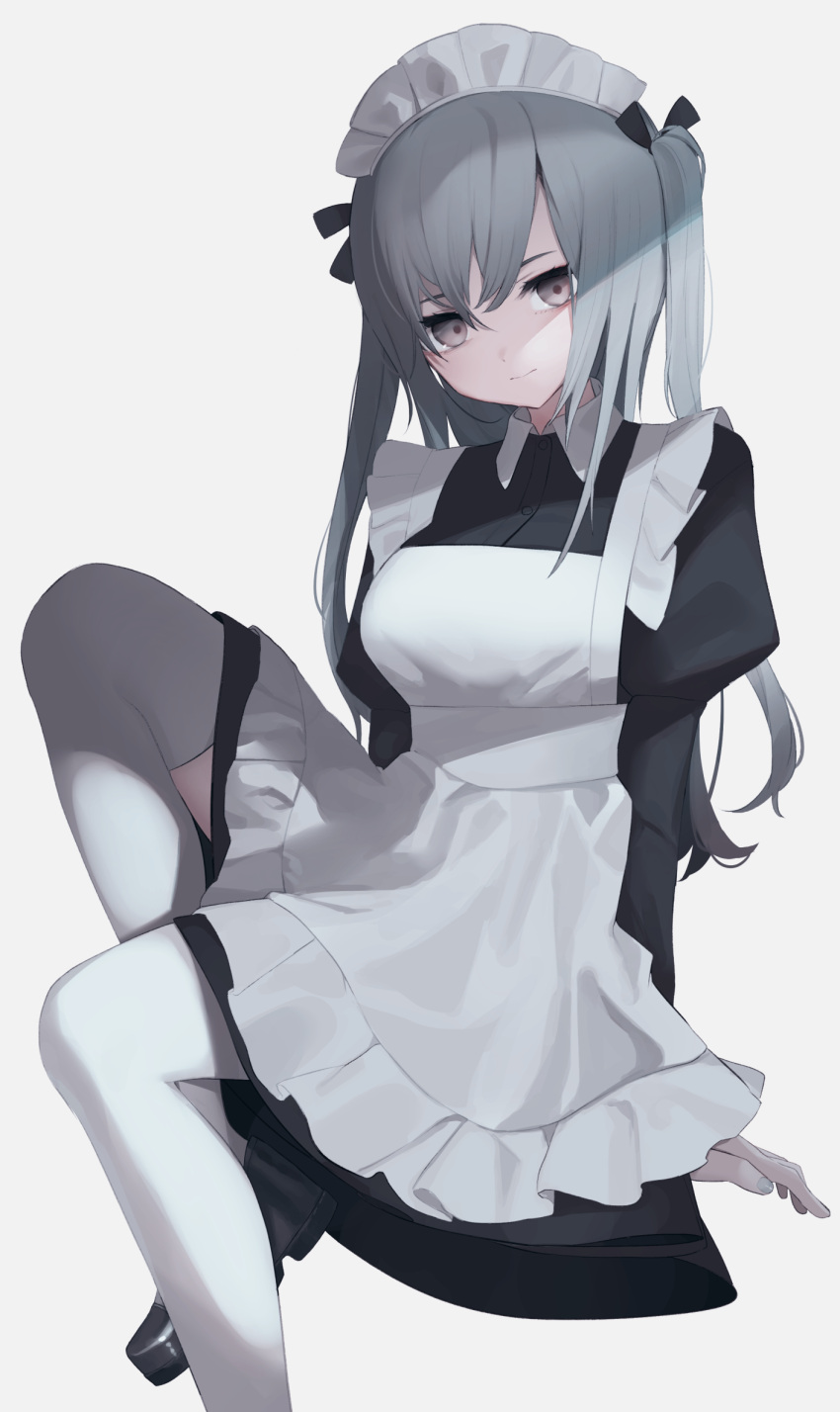 1girl apron black_dress black_footwear closed_mouth dress fingernails grey_eyes grey_hair grey_nails head_tilt highres invisible_chair juliet_sleeves long_sleeves looking_at_viewer maid maid_apron maid_headdress migihidari_(puwako) nail_polish original puffy_sleeves shoes simple_background sitting solo thigh-highs two_side_up white_apron white_background white_legwear