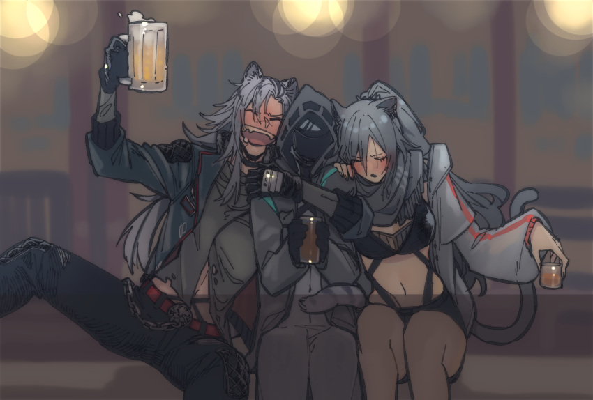 1other 2girls animal_ears arknights beer_mug black_gloves cup denim doctor_(arknights) drunk gloves highres hooded_coat indra_(arknights) jeans koryuu_(gackter10) long_hair midriff mug multiple_girls navel pants ponytail scar scar_on_face scar_on_nose scarf schwarz_(arknights) tail