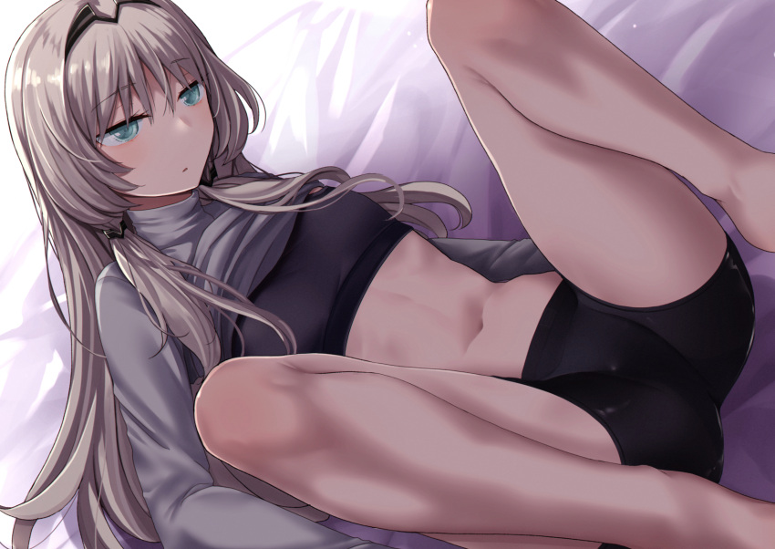 1girl an-94_(girls_frontline) aqua_eyes bangs bed_sheet bike_shorts black_sports_bra clothes_lift feet_out_of_frame girls_frontline hair_ornament hairband half-closed_eyes highres knees_up long_hair lying m_legs midriff mishima_hiroji navel on_back on_bed parted_lips sidelocks silver_hair solo sports_bra spread_legs sweater sweater_lift turtleneck turtleneck_sweater