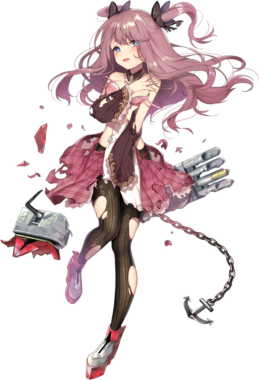 1girl anchor bangs black_bow blue_eyes blue_oath blush bow bra breasts brown_dress brown_hair brown_legwear cannon chain covering damaged dress eyebrows_visible_through_hair full_body grey_footwear hair_bow heart heart-shaped_pupils highres itamidome long_hair long_sleeves looking_at_viewer official_art pantyhose parted_lips pink_bra plaid plaid_dress pleated_dress puffy_short_sleeves puffy_sleeves rigging rudder_footwear saumarez_(blue_oath) short_over_long_sleeves short_sleeves small_breasts smile solo striped striped_legwear symbol-shaped_pupils tears torn_clothes torn_legwear torpedo transparent_background turret two_side_up underwear vertical-striped_legwear vertical_stripes wide_sleeves