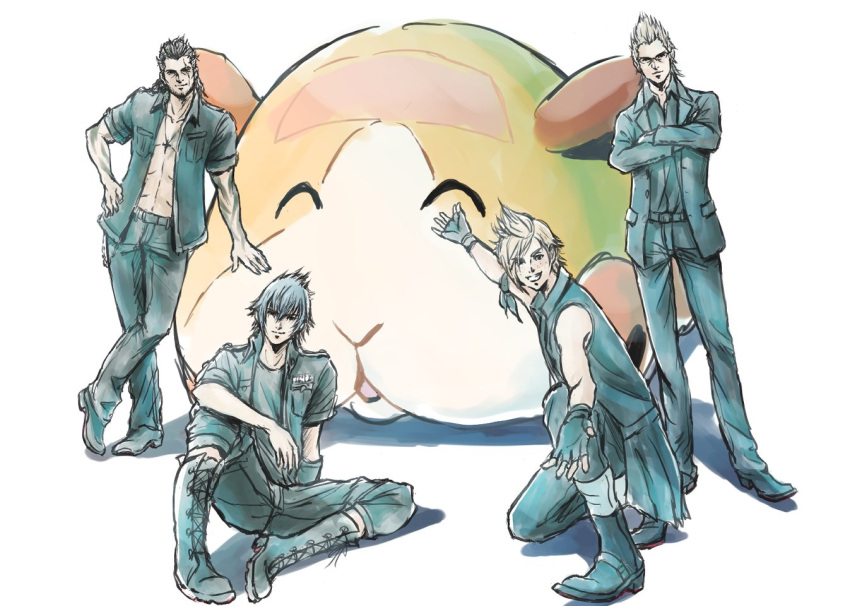 4boys black_hair black_jacket blonde_hair boots brown_hair cross-laced_footwear crossed_arms crossover final_fantasy final_fantasy_xv gladiolus_amicitia glasses gloves guinea_pig ignis_scientia jacket jewelry knee_boots looking_at_viewer male_focus multiple_boys necklace noctis_lucis_caelum open_mouth pose potato_(pui_pui_molcar) prompto_argentum pui_pui_molcar raibellchiori shirt simple_background smile spiky_hair