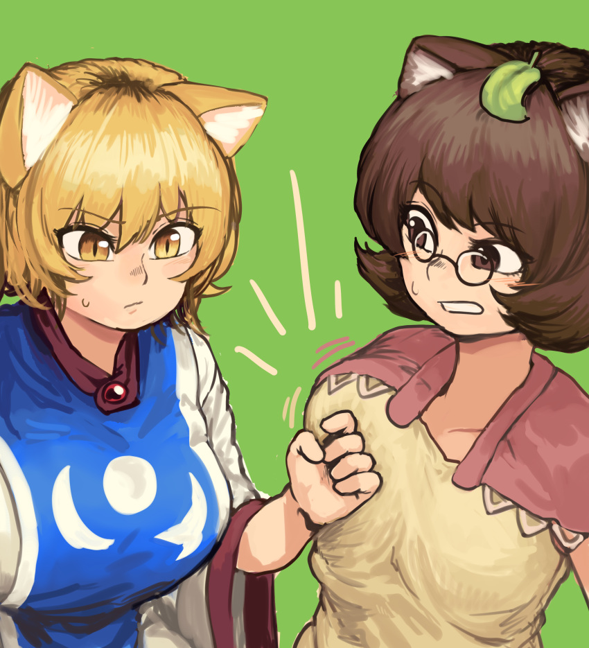 2girls absurdres animal_ears blonde_hair breast_punch breasts brown_eyes brown_hair chanta_(ayatakaoisii) closed_mouth fox_ears futatsuiwa_mamizou glasses green_background highres large_breasts leaf leaf_on_head long_sleeves multiple_girls notice_lines open_mouth punching raccoon_ears round_eyewear shirt short_hair simple_background slit_pupils sweat tabard touhou white_shirt wide_sleeves yakumo_ran yellow_eyes