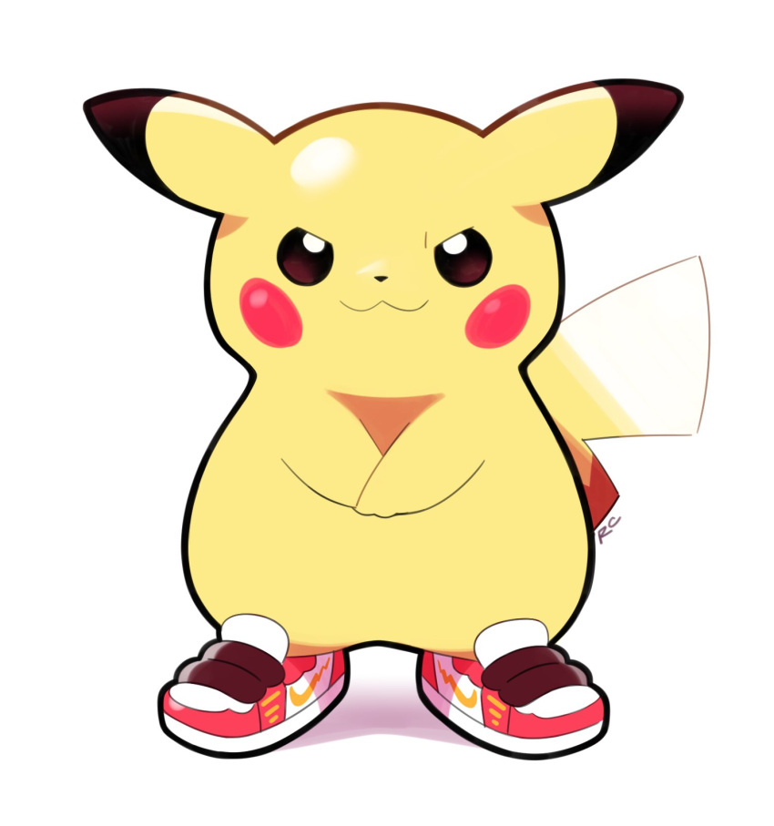 :3 artsy-rc closed_mouth drip_(meme) full_body gen_1_pokemon highres looking_at_viewer no_humans pikachu pokemon pokemon_(creature) shoes signature simple_background smile sneakers v-shaped_eyebrows v_arms white_background
