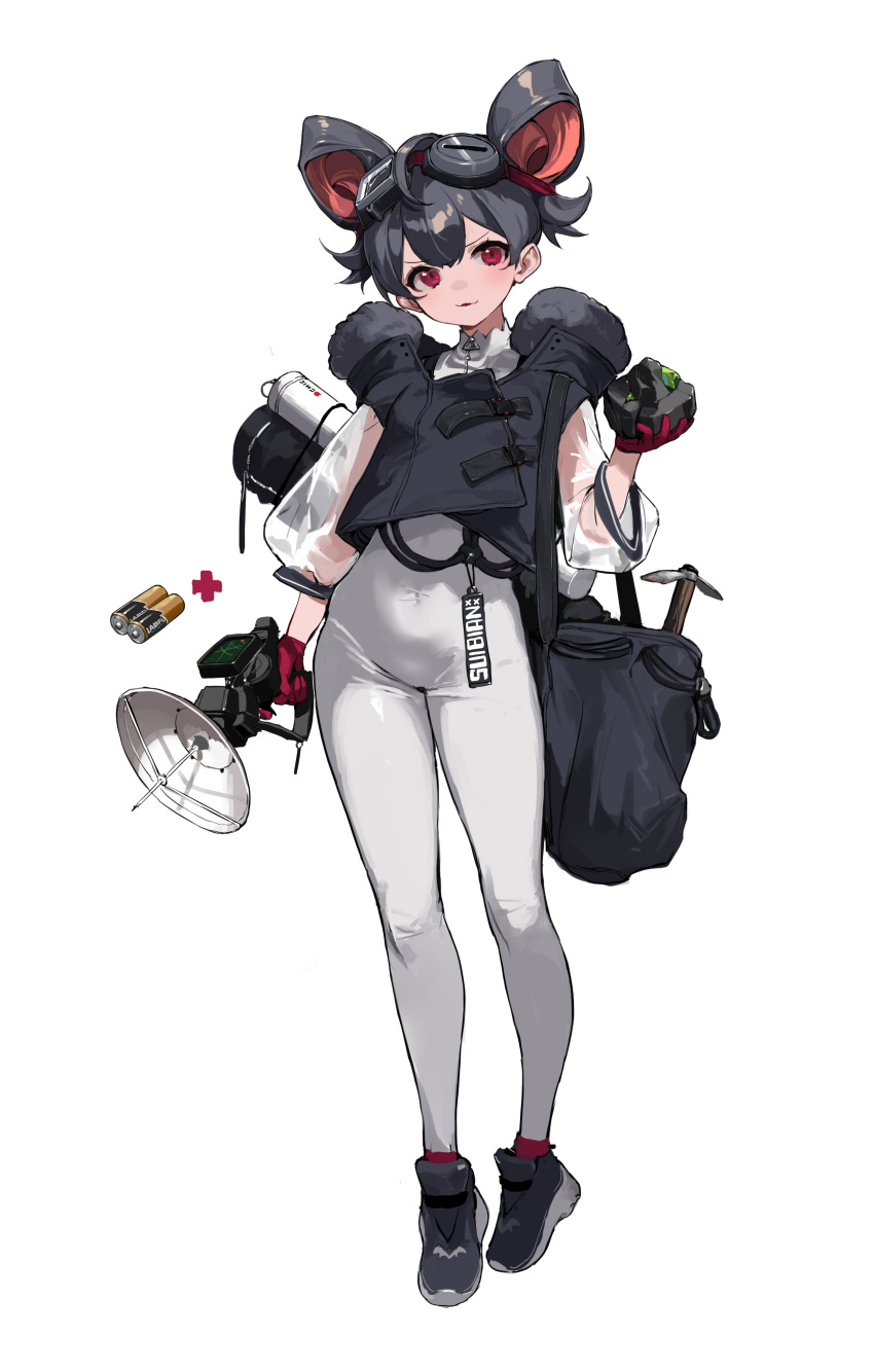 1girl absurdres ahoge bag bangs battery bodysuit character_request collar commentary_request copyright_request flipped_hair fur_trim gloves goggles goggles_on_head grey_bag grey_footwear hair_between_eyes highres holding looking_at_viewer medium_hair parted_lips red_eyes red_gloves see-through_sleeves shisantian shoes simple_background smile sneakers solo standing white_background white_bodysuit