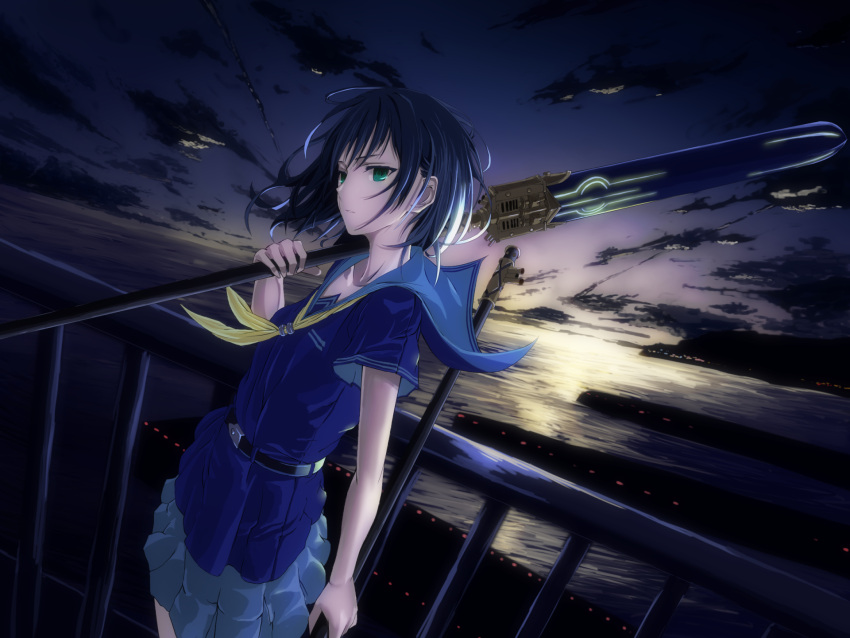 1girl arm_up bangs blue_hair blue_skirt breasts floating_clothes floating_hair green_eyes highres holding holding_sword holding_weapon looking_ahead medium_hair mikisai night oar open_mouth original school_uniform serafuku skirt small_breasts solo sword weapon