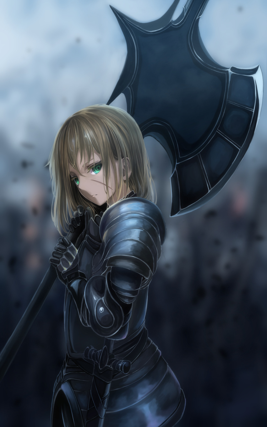 1girl :&lt; armor bangs blonde_hair blurry blurry_background closed_mouth green_eyes halberd highres holding holding_weapon knight looking_at_viewer medium_hair mikisai original polearm scar solo standing sword weapon
