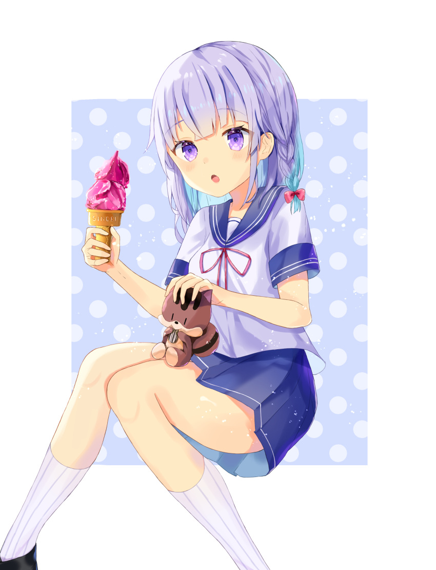 1girl :o absurdres bangs blush breasts eyebrows_visible_through_hair food hands_up highres holding holding_food ice_cream kneehighs looking_at_viewer medium_hair open_mouth original purple_hair red_ribbon ribbon school_uniform serafuku sidelocks simple_background sinobi_illust small_breasts solo squirrel thighs violet_eyes white_background