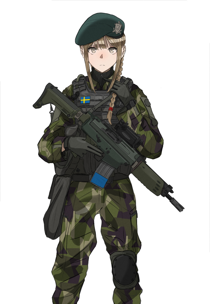 1girl absurdres ak_5 assault_rifle bangs beige_eyes beret blonde_hair braid camouflage camouflage_jacket camouflage_pants closed_mouth emblem expressionless fn_fnc gloves green_headwear gun harness hat highres holding holding_weapon jacket knee_pads long_hair looking_at_viewer military military_uniform original pants patch pz-15 rifle swedish_flag swedish_uniform uniform weapon white_background