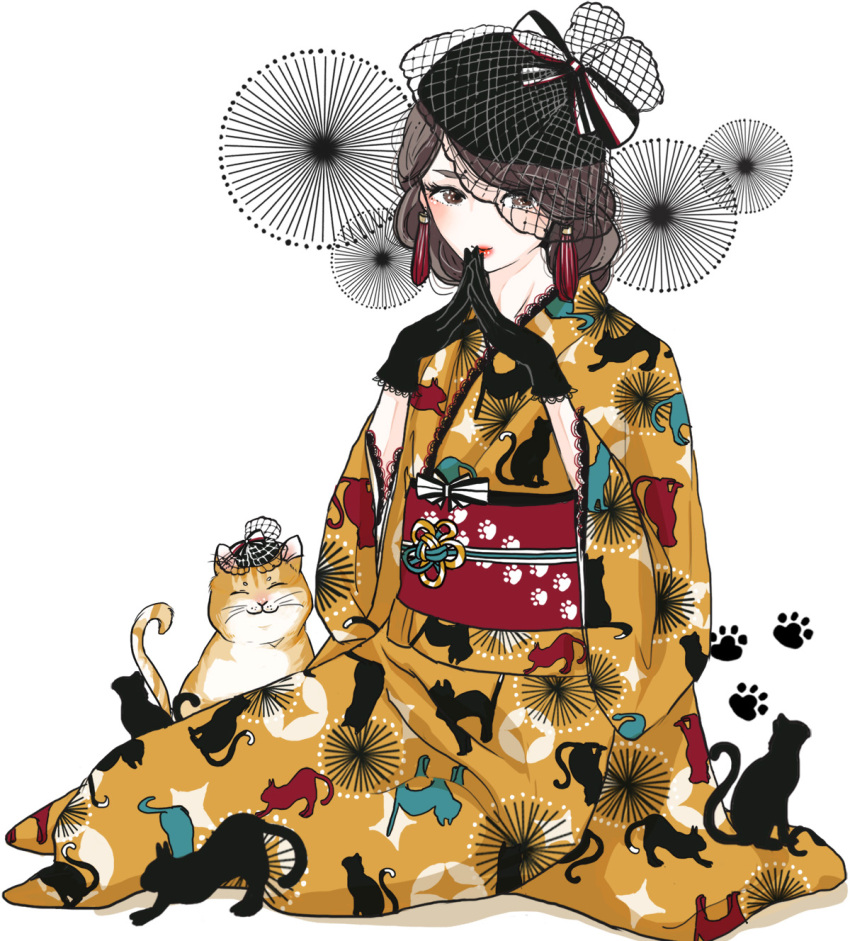 1girl animal_print black_cat black_gloves black_headwear brown_eyes brown_hair cat cat_print full_body ginkou_(atmzh) gloves hands_up highres japanese_clothes kimono lipstick looking_at_viewer makeup medium_hair obi original red_lips sash simple_background sitting steepled_fingers tassel white_background wide_sleeves yellow_kimono