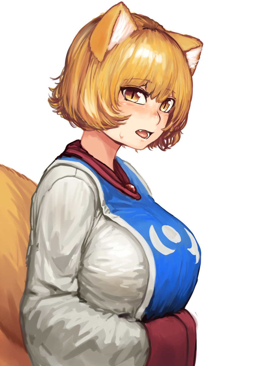 1girl absurdres animal_ears blonde_hair blush breasts chanta_(ayatakaoisii) fang fox_ears fox_tail from_side hands_in_opposite_sleeves highres large_breasts long_sleeves looking_at_viewer looking_to_the_side medium_hair open_mouth shirt simple_background slit_pupils solo tabard tail touhou upper_body white_background white_shirt wide_sleeves yakumo_ran yellow_eyes